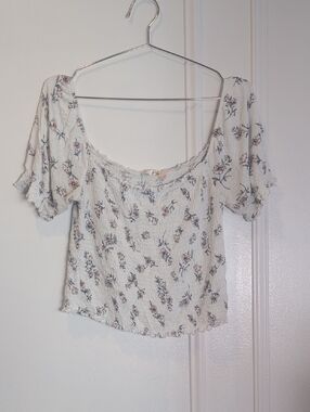 Heart Hips White Floral Smocked Crop Top with Pink Accents